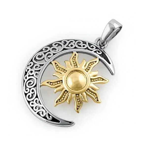 Sterling Silver Two-tone Bohemian Sun and Moon Necklace Pendant New - Picture 1 of 5